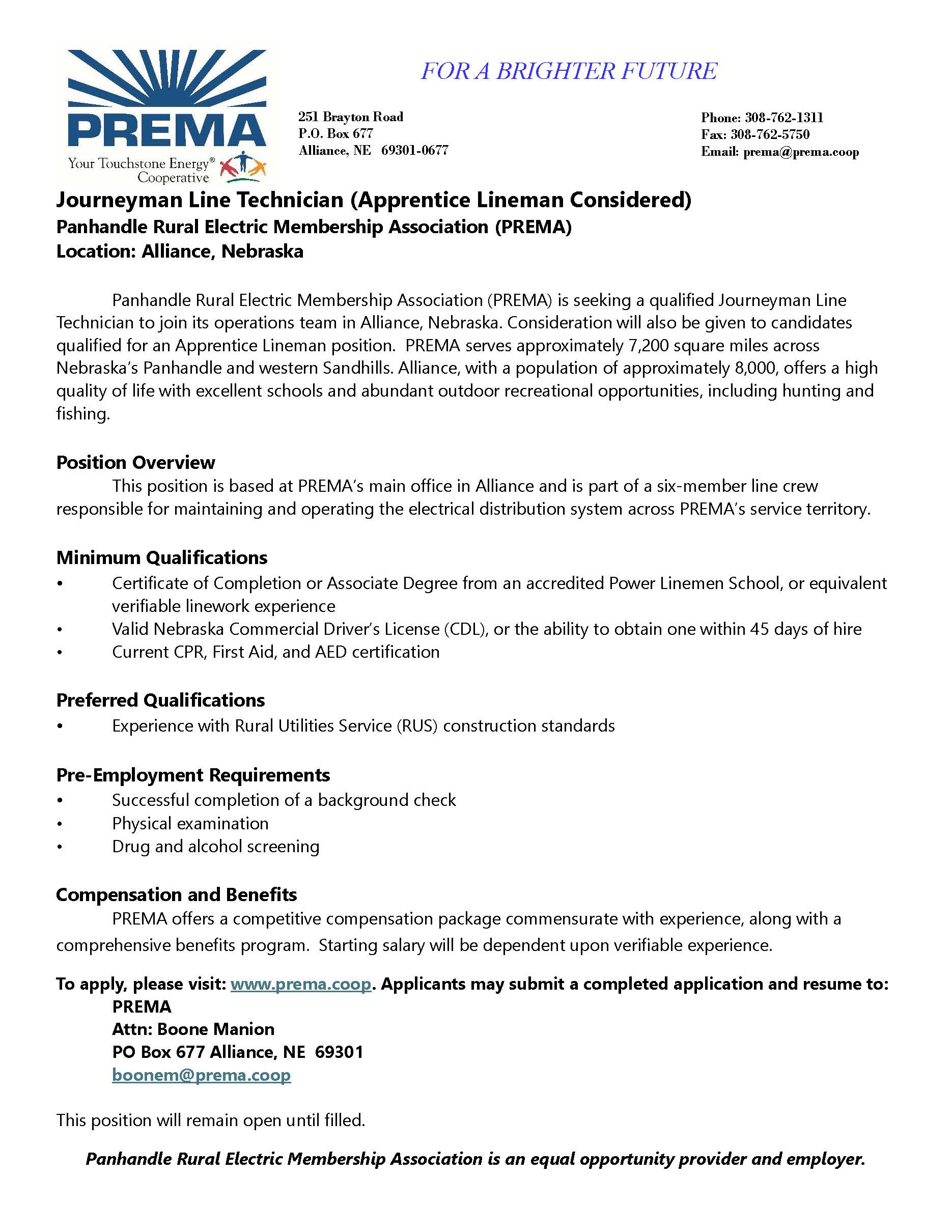Journeyman Lineman Opening